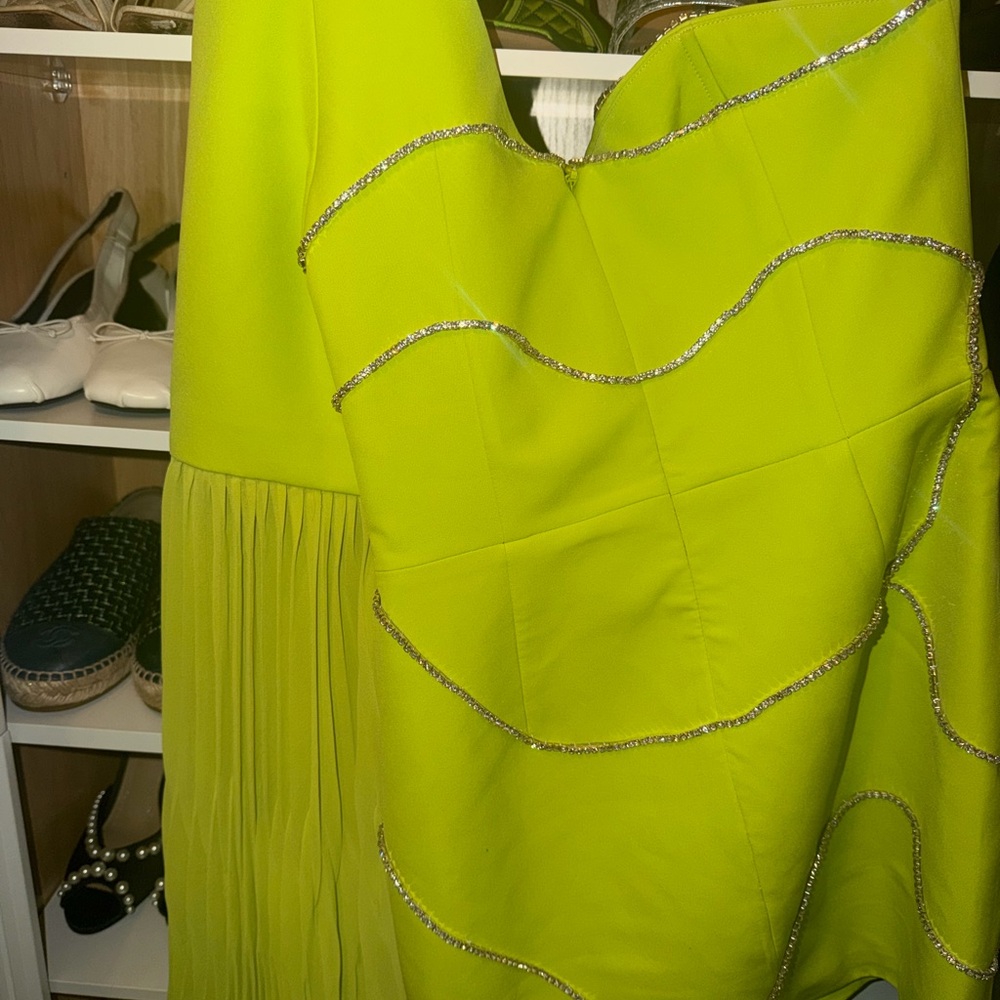 One-Shoulder Neon Lime Midi Dress with Draped Sleeve - Picture 6 of 6